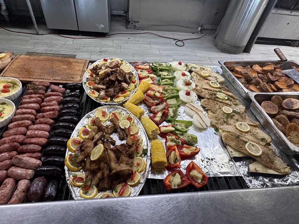 Argentinian grill dishes arranged for self-service.