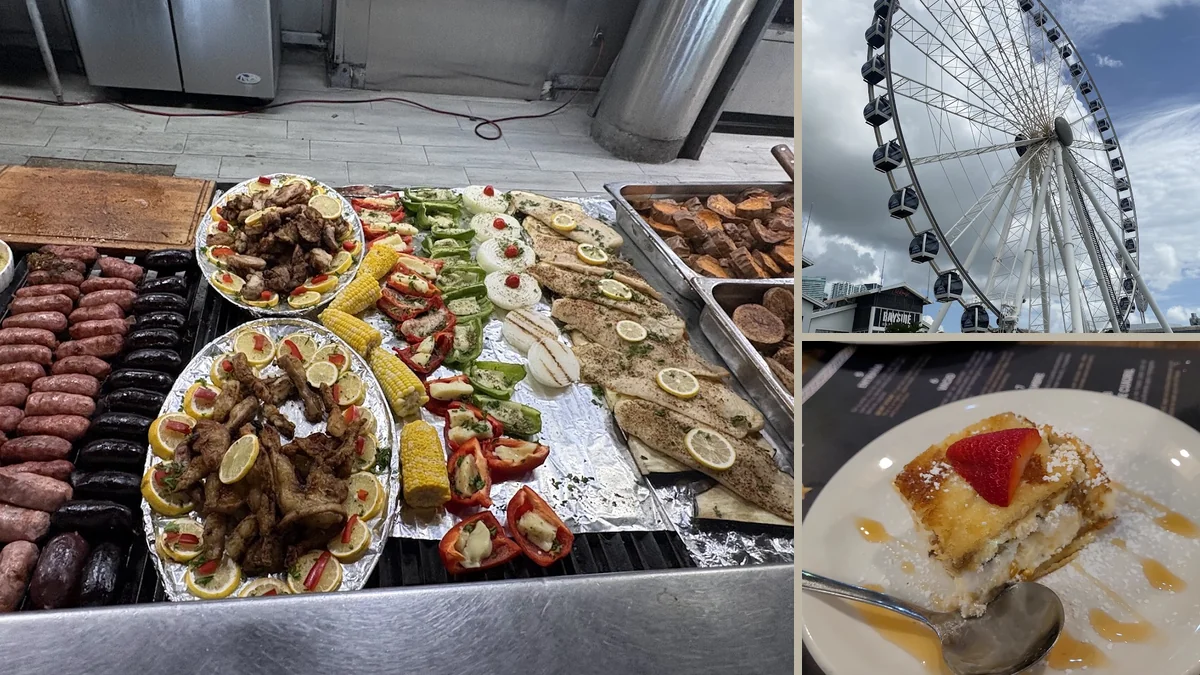 Salad bar and carved meats on display.